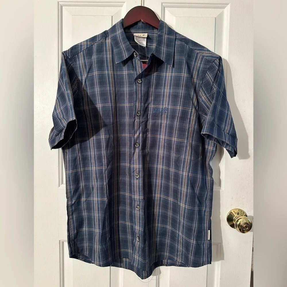JACK WOLFSKIN NEW Men Short Sleeve Button Organic Cotton Plaid Shirt M Hot Chili